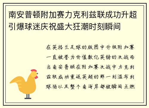 南安普顿附加赛力克利兹联成功升超引爆球迷庆祝盛大狂潮时刻瞬间