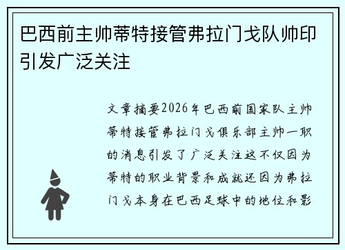 巴西前主帅蒂特接管弗拉门戈队帅印引发广泛关注 巴西前主帅蒂特接管弗拉门戈队帅印引发广泛关注
